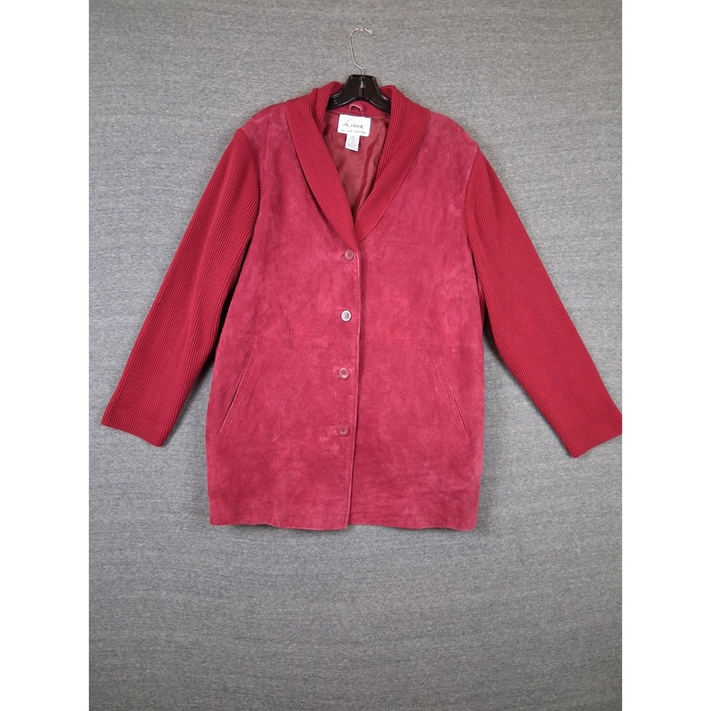 VTG Linea Womens Leather Jacket 1X Red Suede Knit Shawl Neck Elevated Boho Chic